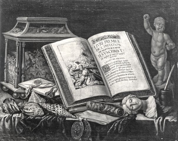 Anonimo — Renard de Saint-André Simon - sec. XVII - Natura morta con libro, statuette, conchiglie e cofanetto — insieme